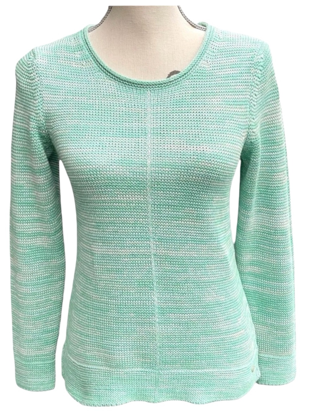 Olsen Heathered Mint Green/White Cotton Split Hem Scoop Neck Knit Sweater (XS)